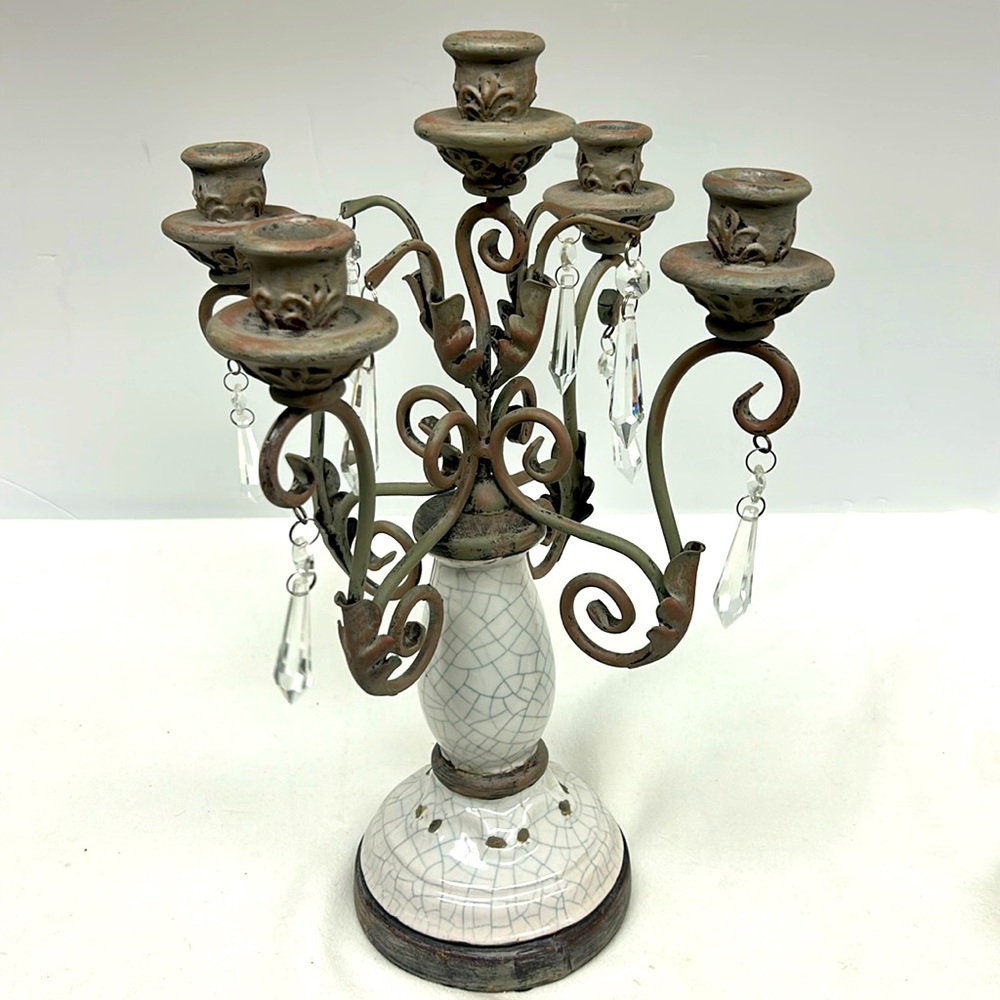 Vintage style heavy metal and ceramic 5 light candelabra with crystals